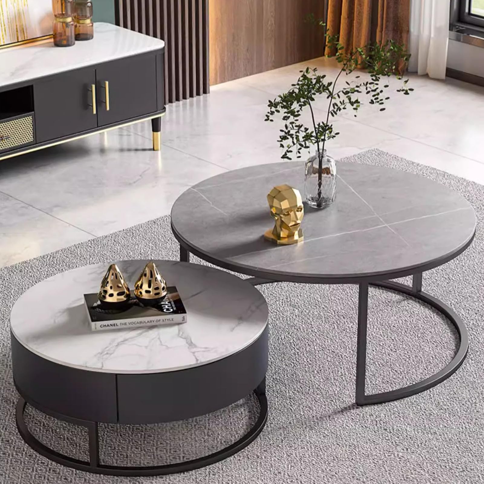 SXZenSpace Round Coffee Table Nesting Tables Set of 2,28" 20" Faux Marble Center for Living Room Modern with Storage Metal Frame,A,70cm(28")+50cm(20")