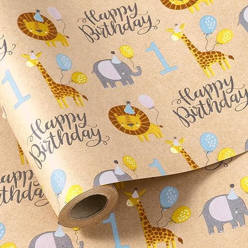 Miniatura 9 de RUSPEPA - Rollo de papel para envolver regalos con diseño de animales del bosque, mini rollo, papel kraft con texto "Oh Baby" para baby shower, Oh