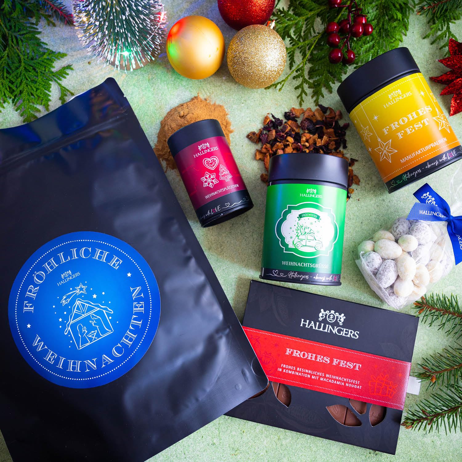 Hallingers Genuss Manufaktur Feinkost Weihnachts-Geschenk-Set - XXL-Wundertüte "Fröhliche Weihn..." großes Mitbringsel Schokolade, Tee, Pralinen, Nougat-Mandeln & Gewürz, Weihnachten für Frauen Männer