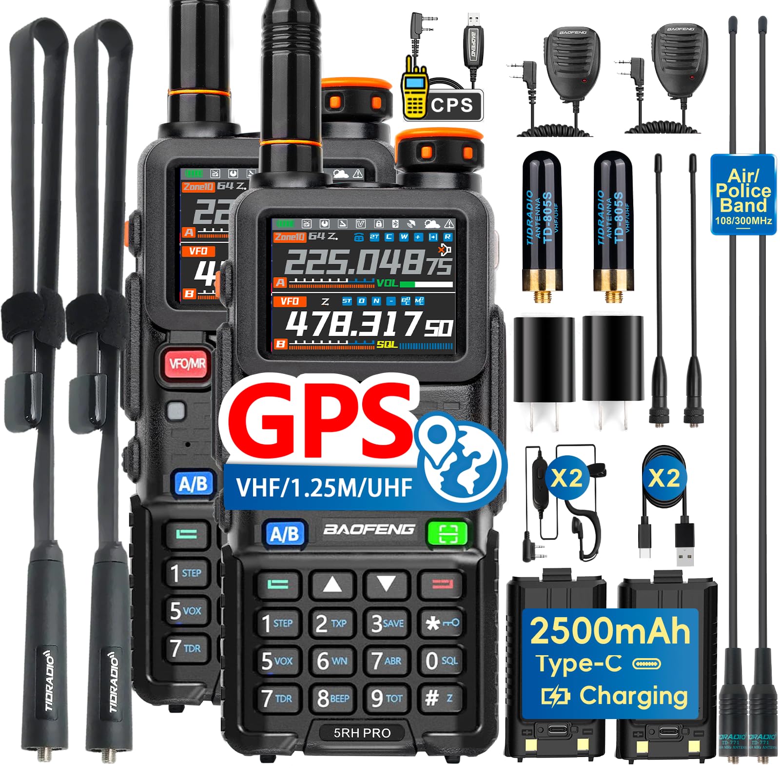 BAOFENG BF-5RH PRO GPS 10? Ham Handheld Radio, Multi-Band Long Range with 18.89 Inch Tactical Antenna 5RM Two Way Radio, Aviation Band Scanner, Copy Frequency Walkie Talkie Type-C Charging,2 Pack
