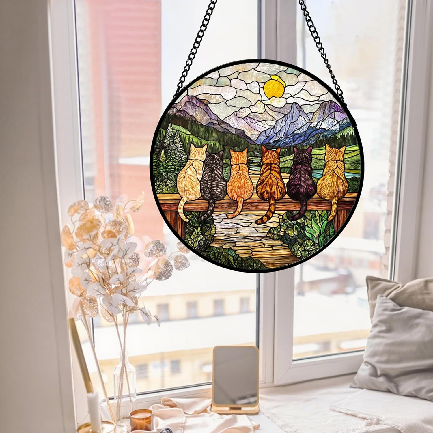 Stained Glass Window Hanging Cats on a Patio Large 11.8" - Flowers Suncatcher Door Garden Sun Catcher Home Decor Christmas for Cat Lovers Mom Woman Grandma Men Nana Wife Dad