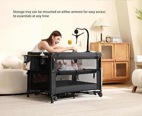 Miniatura 2 de Pack and Play, corralito 5 en 1 para bebés Cuna portátil, moisés, mesita de noche, cambiador y corralito Malla transpirable Seguro y plegable