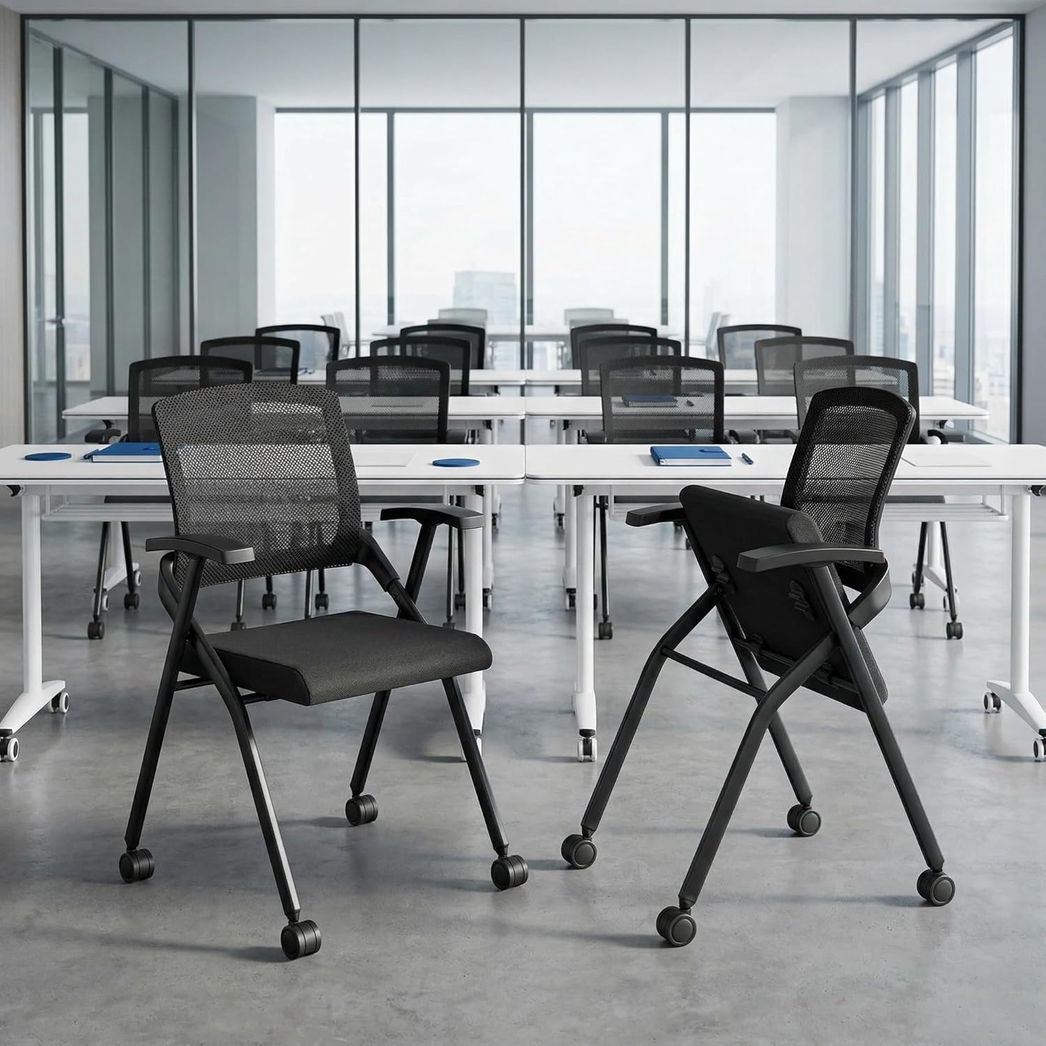 Folding Office Chair with Wheels – Mesh Back Conference Room Chair, Space-Saving Stackable & Foldable Chair for Guest, Reception Meeting, Classroom Training Seminar (with Wheel, 6pack)
