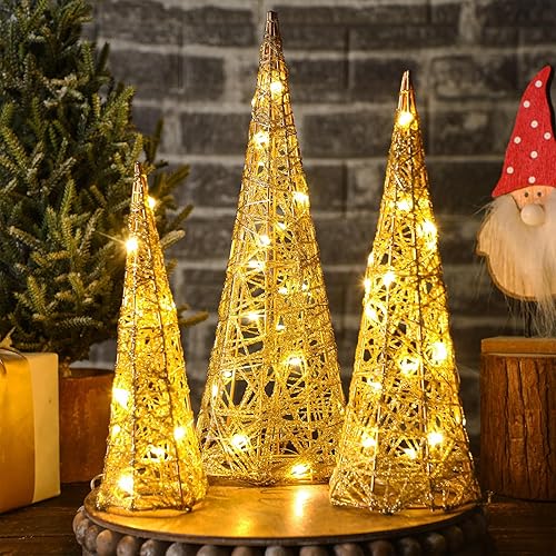 Baquler 3 Pcs LED Lighted Christmas Cone Trees Christmas Tree Ornament Gold Glittered Battery Operated Christmas Decoration Xmas Table Decor for