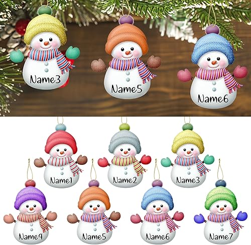 Miniatura 3 de Juego de 7 adornos de Navidad personalizados de muñeco de nieve, adornos de Navidad de madera con nombres personalizados para colgar en el árbol