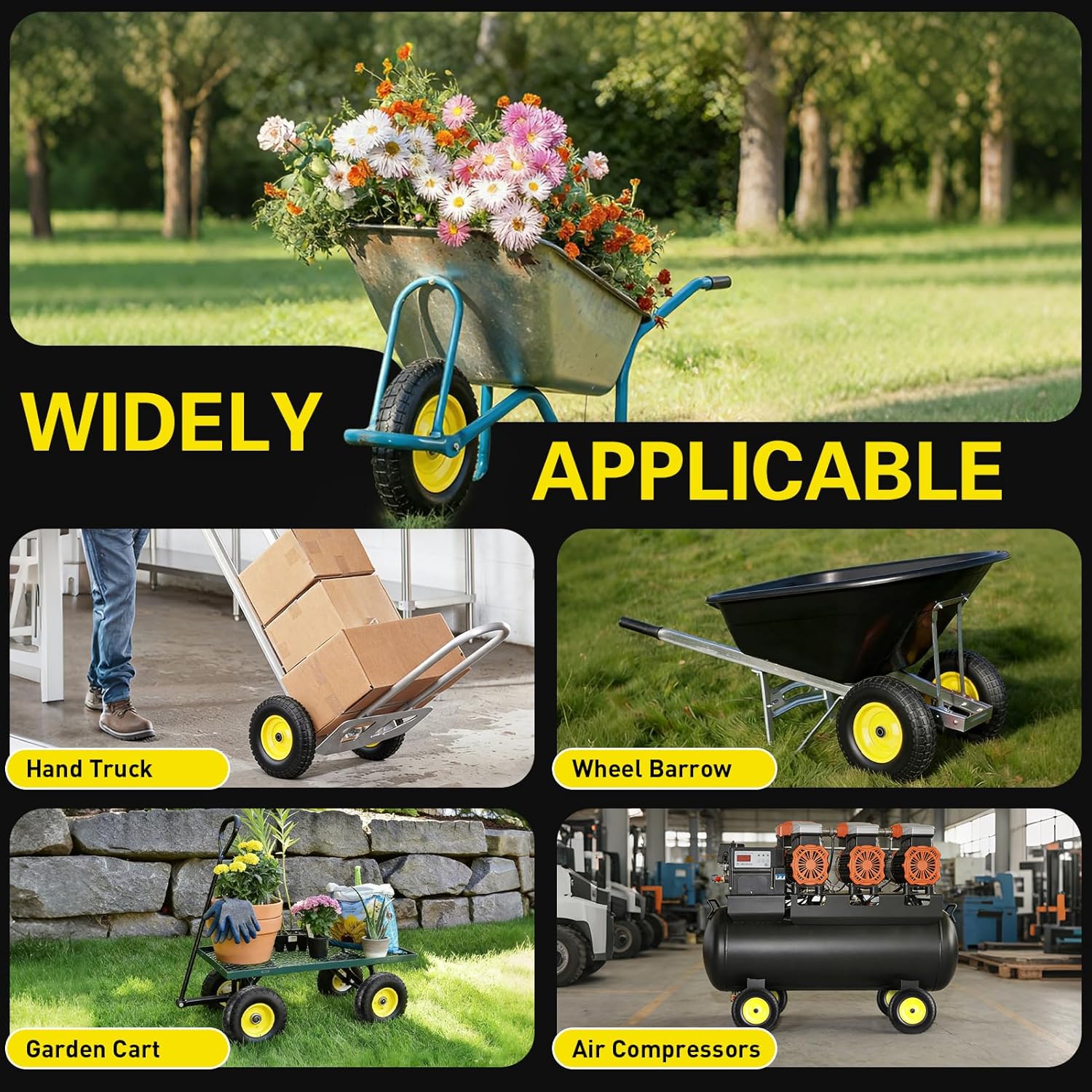 13" Flat Free Tire and Wheel, 4.00-6 Solid Tires with 5/8" Axle Bore Hole,8 Spacers and 4 Pins,2.1" Offset Hub for Gorilla Cart, Wheelbarrow, Garden Cart, Trolleys, Hand Trucks & Yard Trailers