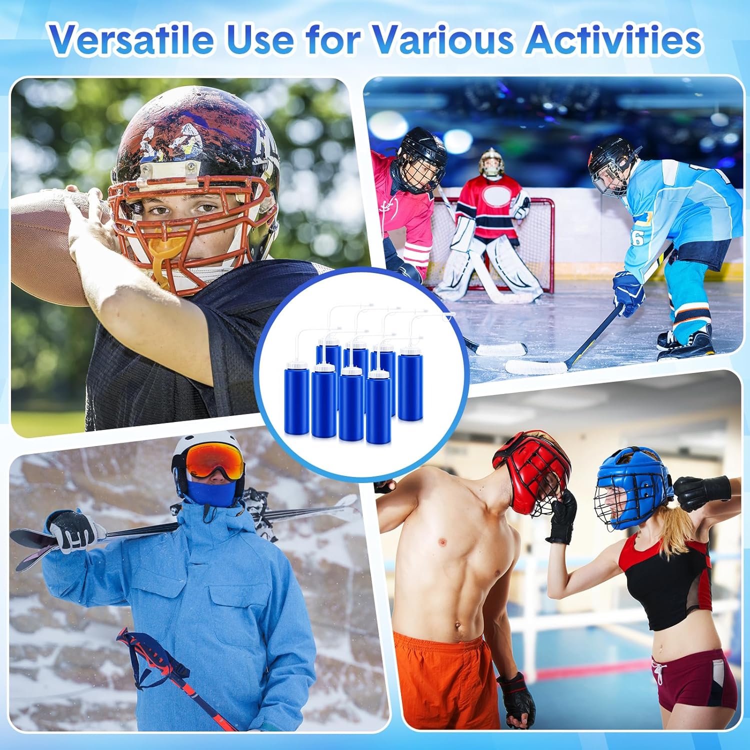 8 Pack Hockey Water Bottles 1 Liter Easy Squeeze Plastic 34 oz Sports Water Bottles with Long Straws for Hockey, Lacrosse, Football, Soccer, Baseball, Gym Sports Helmets(Blue)