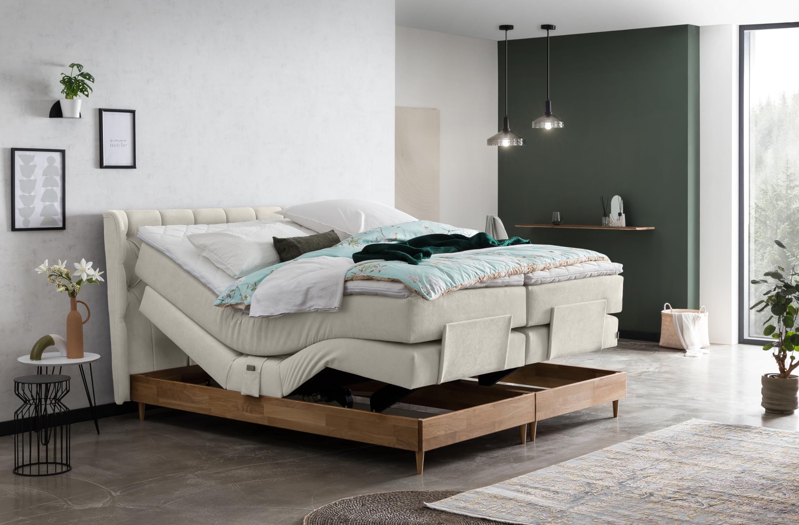 Belanoti EON Boxspringbett 180x200 elektrisch verstellbar 7-Zonen Taschenfederkern Matratze inkl Visco Topper Bett 180x200 mit Motor in der Farbe Beige H2/H3 Polsterbett Motorbett Massivholz Eiche