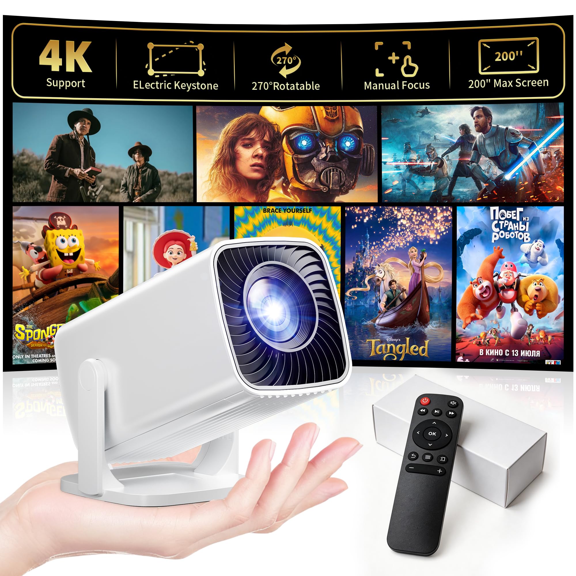 Photo 1 of Mini Projector, Portable Projector 4K & Full HD 1080P Support, 270° Rotation Outdoor Projector, Movie Projector Compatible with Smartphone, TV Stick, Laptop, PS4, HDMI, USB