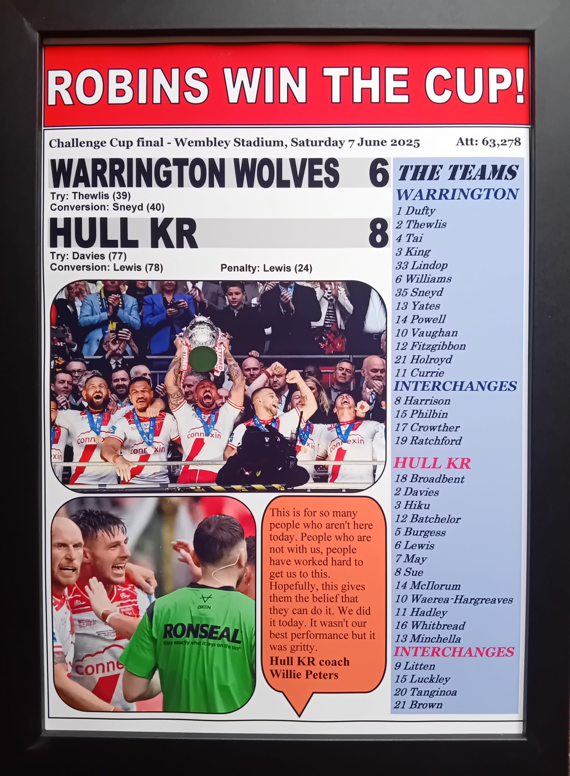 Assorted Multicoloured Warrington Wolves 6 Hull Kr 8-2025 Challenge Cup Final - Framed Print