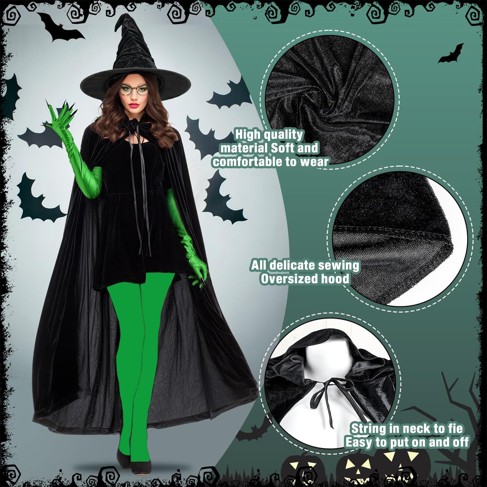 SGFNXB Halloween Costumes Adult Women, 5 PCS Witch Costumes Set Witch Cape, Hat, Gloves, Stockings and Broom - Image 4