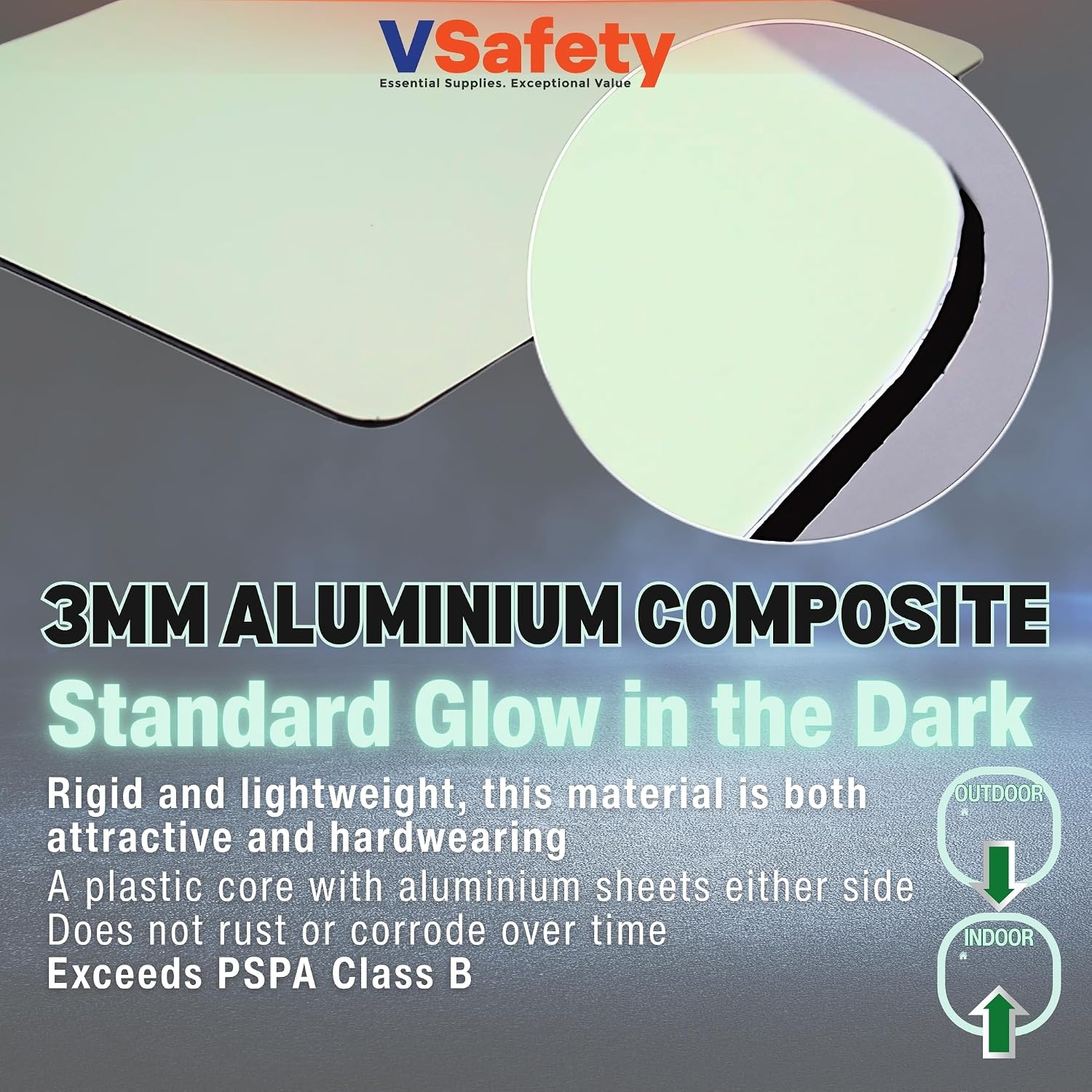 V Safety Photoluminescent Fire Exit Arrow Up Safety Sign - 300 x 100 mm - 3mm Aluminium Composite - Standard Glow