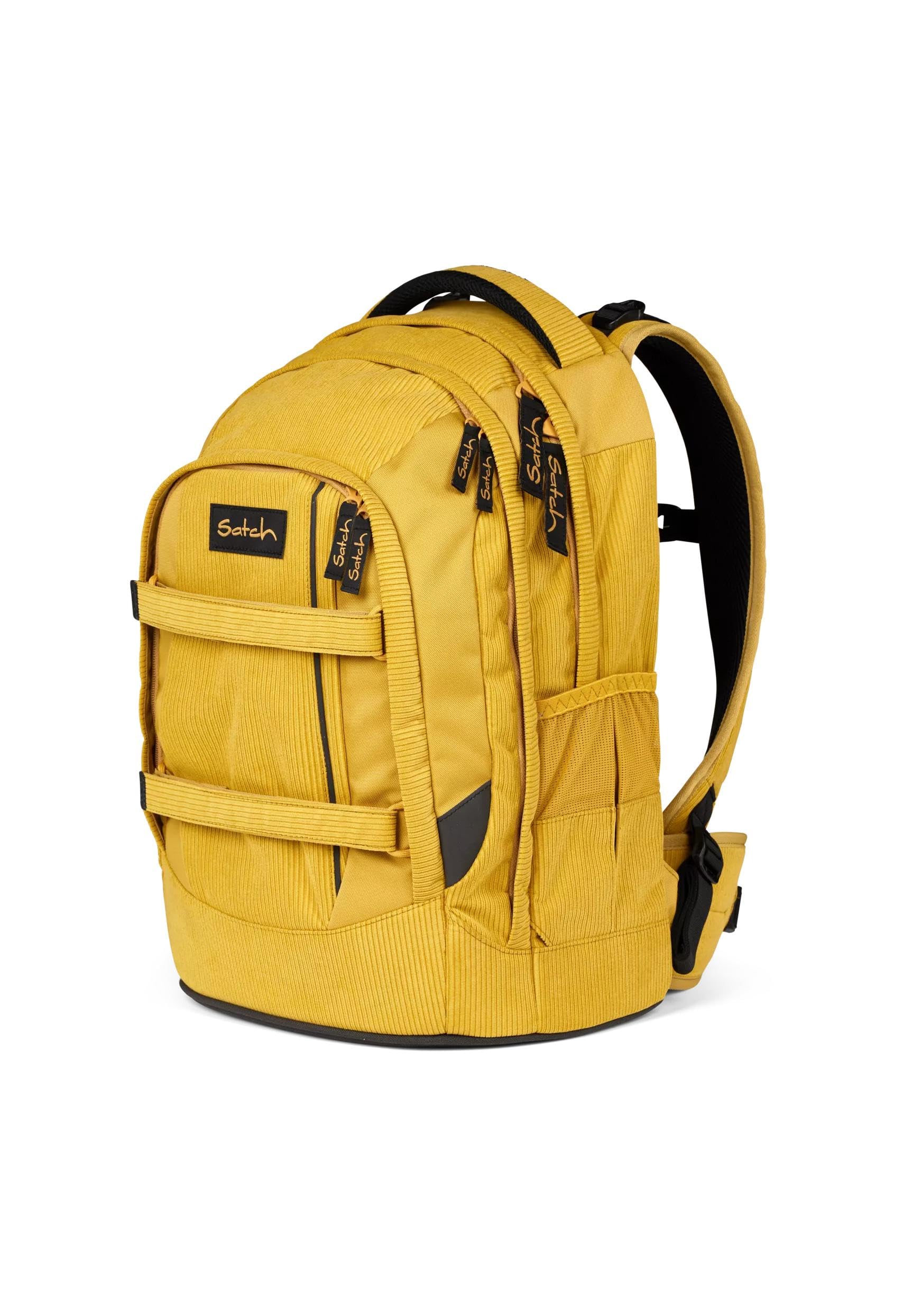 satch pack Schulrucksack Set 4 teilig ab 5. Klasse ergonomisch 30L Stauraum mit Schlamperbox Trinkflasche Sportbeutel Retro Honey Set - Dunkelgelb