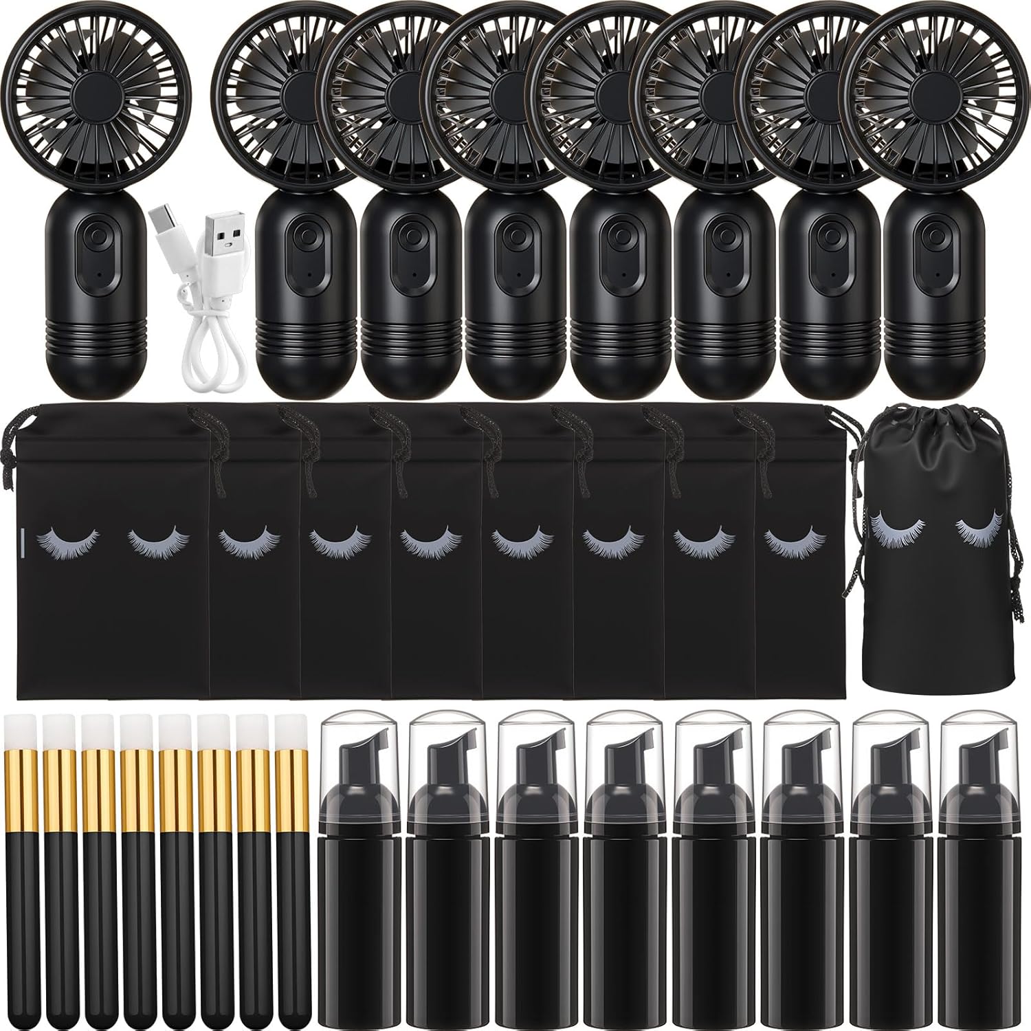 Woanger 24 Pcs Lash Shampoo Kits Rechargeable Handheld USB Portable Fans Eyelash Shampoo Brush Empty Bottle Wedding Gift Employee Appreciation Gift (400mah,White)