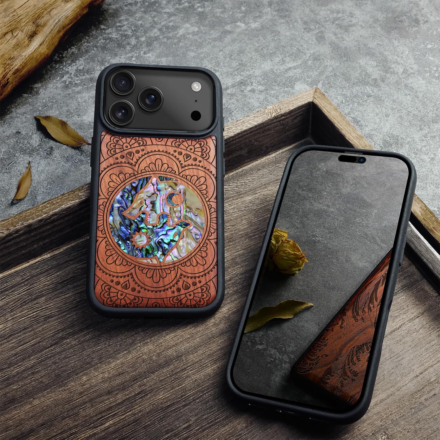 Carveit Magnetic Case for iPhone 17 Pro Max Case, Wood Artisan Engraved & Handmade Shell Inlaid, TPU Shockproof Cover, Compatible with MagSafe Wireless Chargers (Shell Yin Yang Wolf-Rosy)