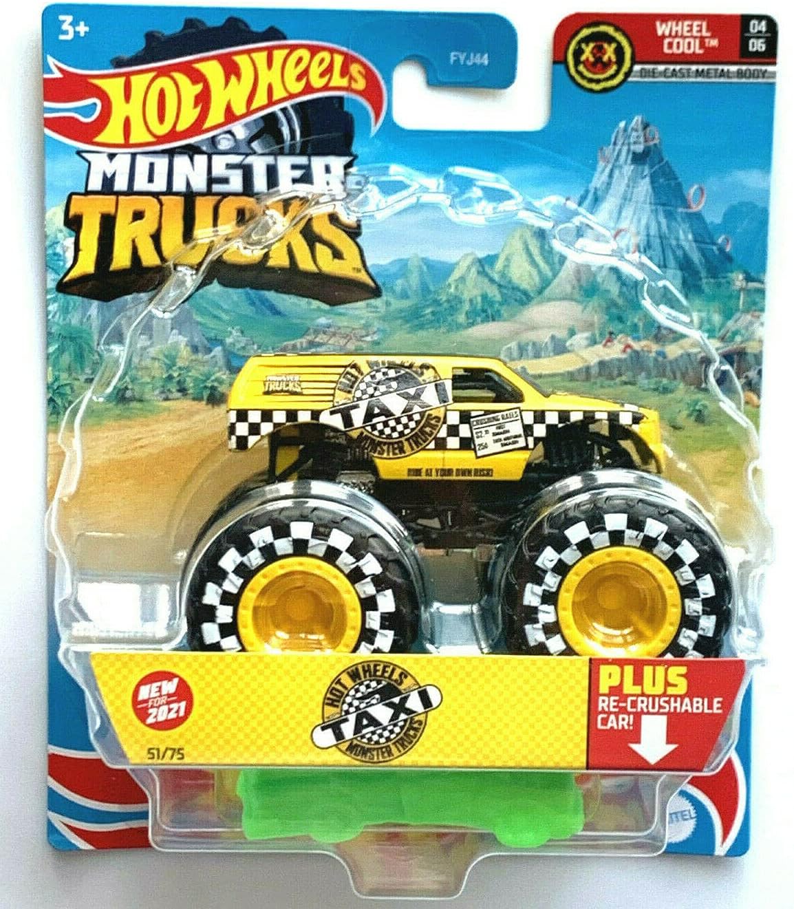 DieCast Hotwheels Monster Trucks Taxi, re-Crushable 51/75 (1:64 Scale) Yellow