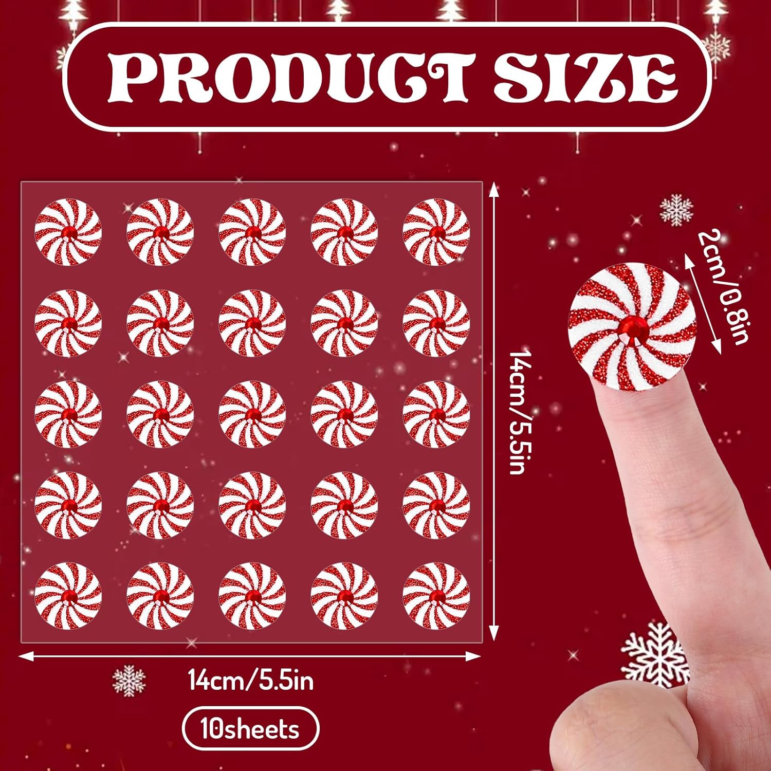 Whaline 250Pcs Christmas Peppermint Candy Stickers Mini 3D Diamond Shiny Decorative Stickers Self-Adhesive Xmas Decals for Holiday Craft Scrapbook Card Gift, 10 Sheets - Image 2