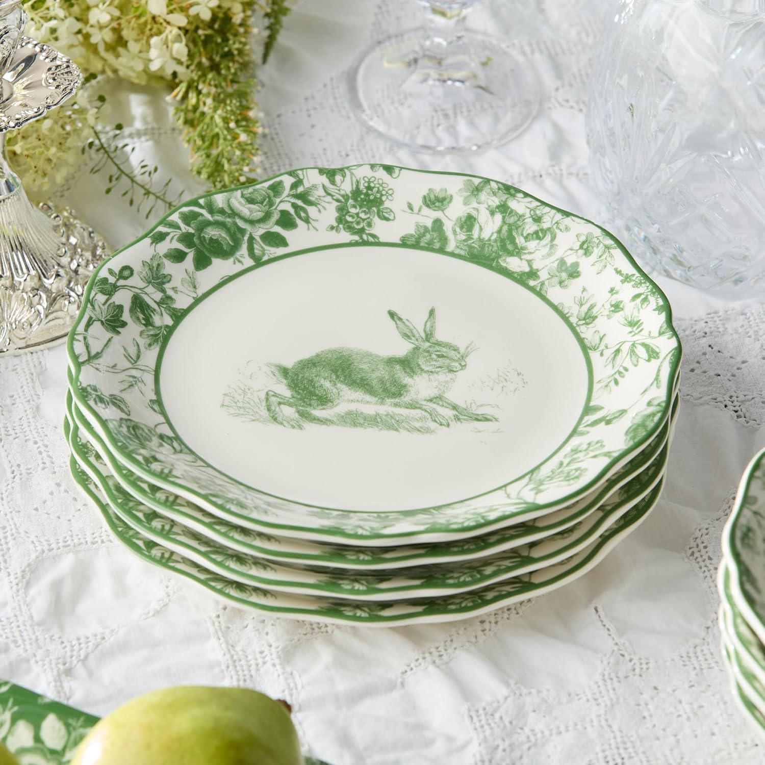 Le Jardin 8.5 Inch SALAD/DESSERT PLATES, SET OF 4 – Whimsical Bunny & Bloom Design for Appetizers, Sweets & Springtime Dining – Stoneware, Microwave & Dishwasher Safe