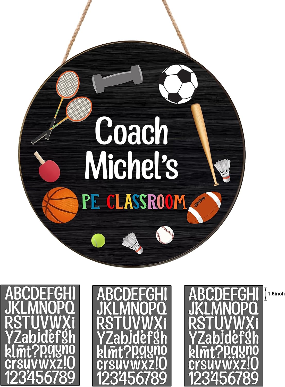 DIY Custom Physical Education Teacher Door Sign, PE Sports Teacher Welcome Door Hanger Signs, Welcome To PE Classroom Wall Plaques, Teachers Appreciation Sport Coach Gifts Hanging Wreath Decor - Black image 2