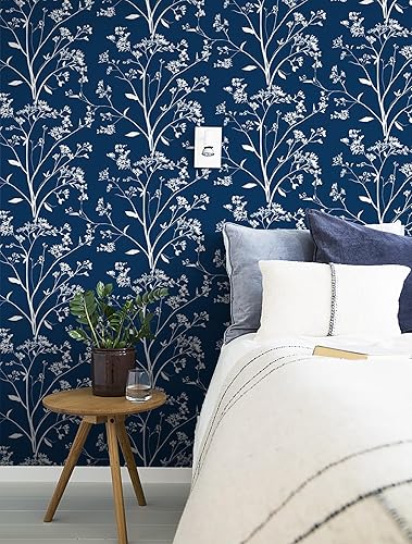 Miniatura 5 de Hopepak Papel tapiz floral de 17.3 x 394 pulgadas, papel tapiz autoadhesivo floral azul y blanco, papel de contacto floral, bohemio, extraíble, para