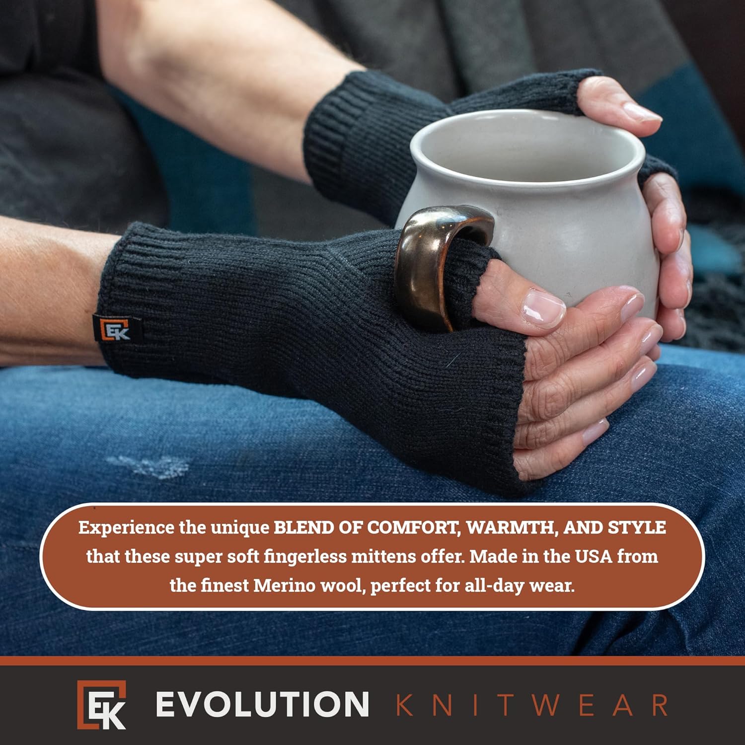 Evolution Knitwear Wool Knit Fingerless Mittens - Super Soft Merino Wool - Made in the USA