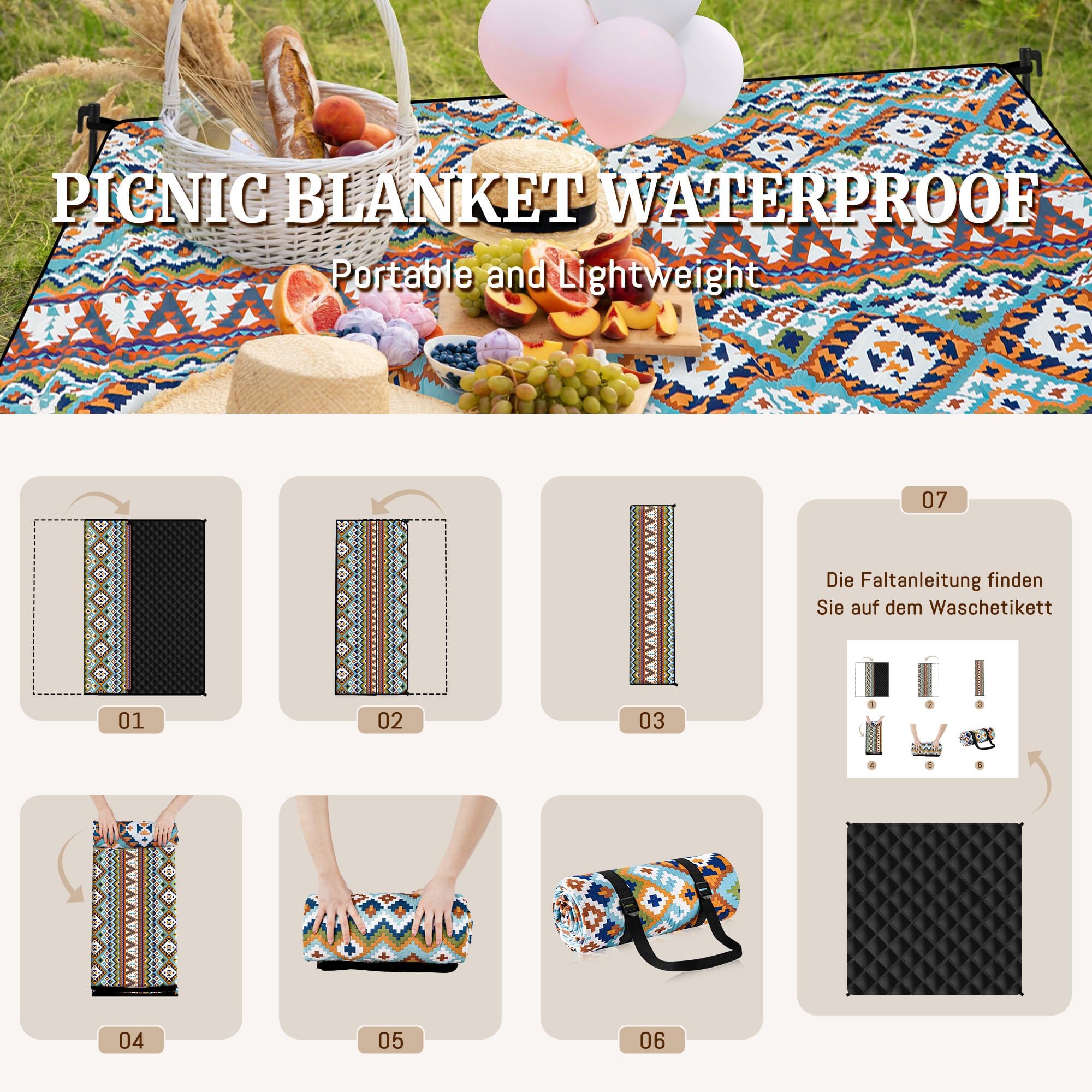Gucass Manta de Picnic Impermeable 200 x 300cm, Boho Esterilla Playa Plegable Sin Arena Lavable a Máquina, Manta de Camping Grande para Exteriores, Camping, Playa, Parque, Festival y Picnic