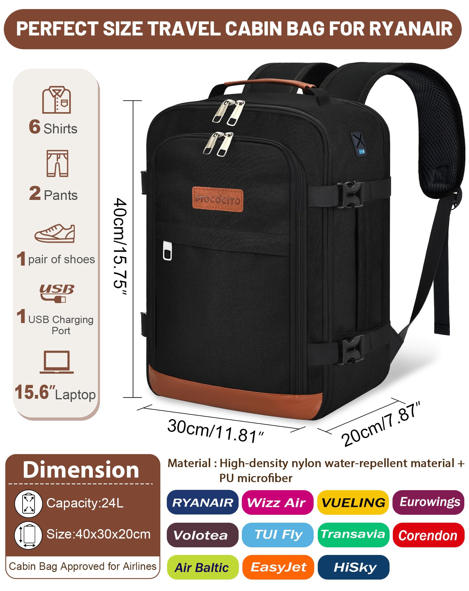 Mochila Viaje Cabina Avion 40x30x20, Bolso de Viaje para Vueling Mochila de Equipaje de Mano Mochila Viaje, Mochila Unisex Impermeable 30L