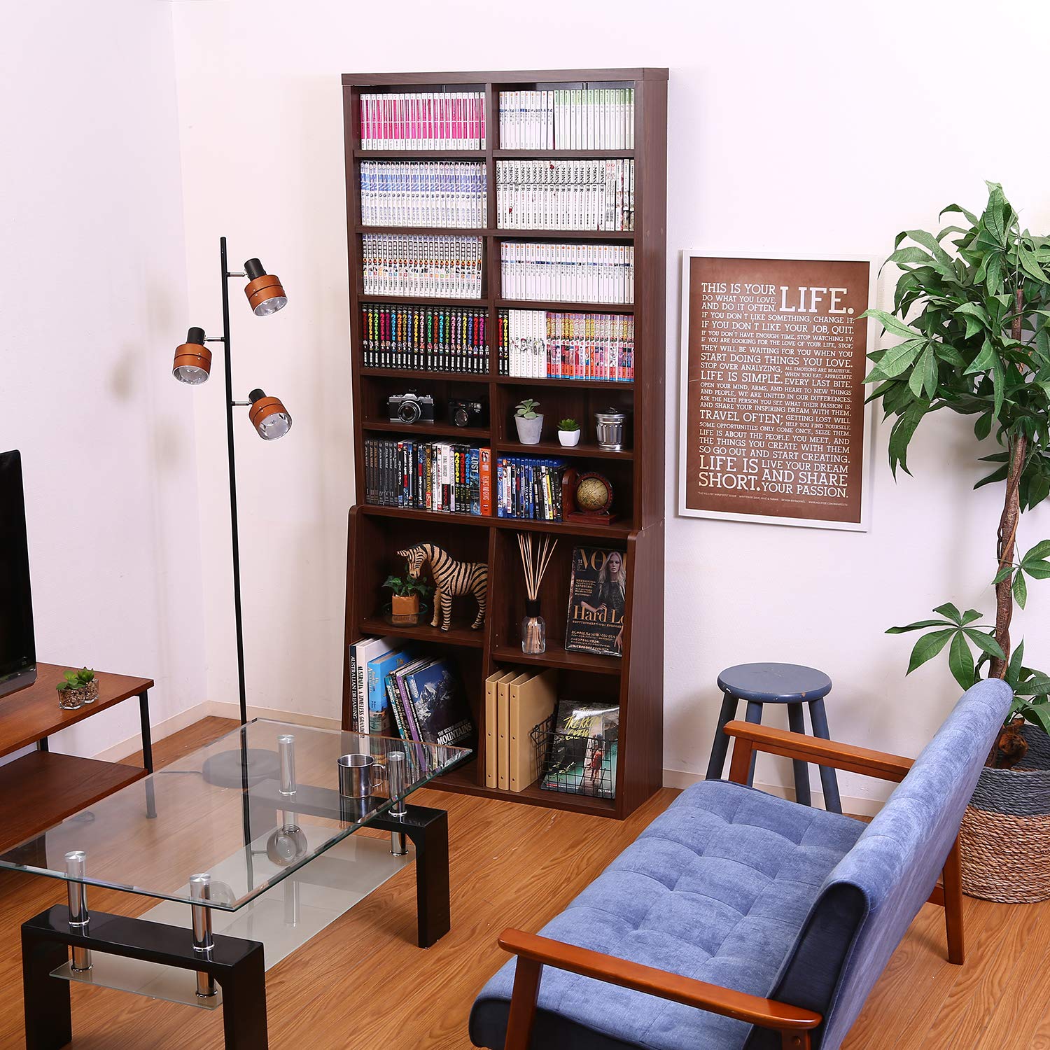 ブラウン木製本棚 8棚 2引き出し Amazon｜不二貿易 本棚 8段 2列 幅90cm ダークブラウン 大容量 67766