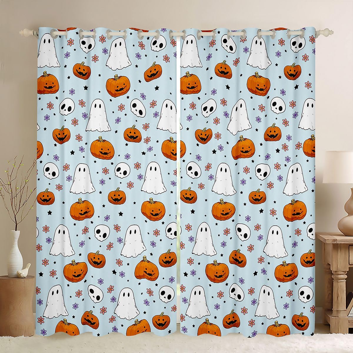 Lot de 2 rideaux de fenêtre « Happy Halloween » pour adultes et enfants, taille XL, fantôme mignon, aquarelle, citrouille, bons rideaux occultants, fleurs multicolores, étoiles, bleu, 245 x