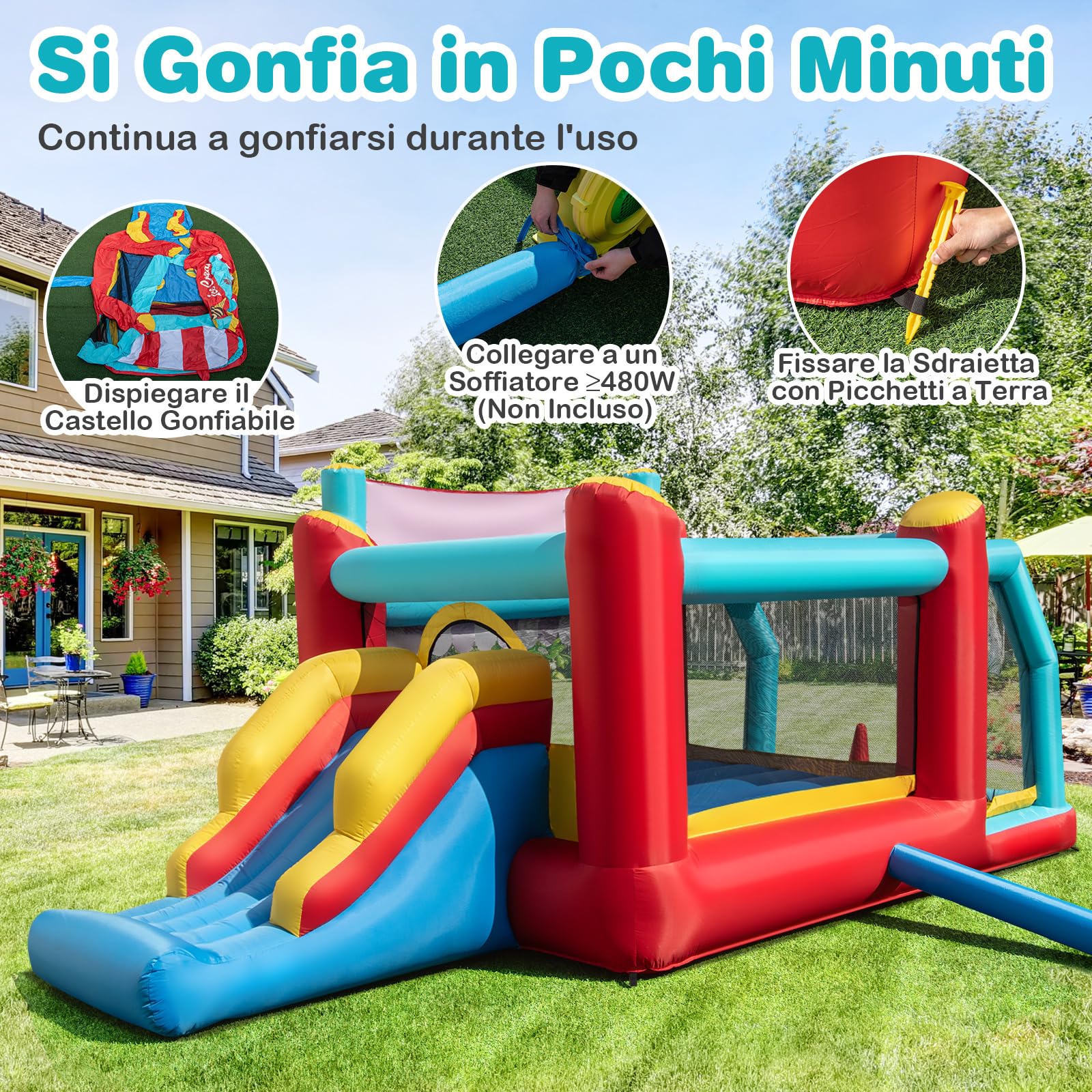 COSTWAY Castello Gonfiabile 5 in 1 per Bambini di Tema Gelato, Castello Gonfiabile con Scivolo, Canestro, Trampolino e Vasca, Gioco Gonfiabile con Anelli e Palline per Interno ed Esterno