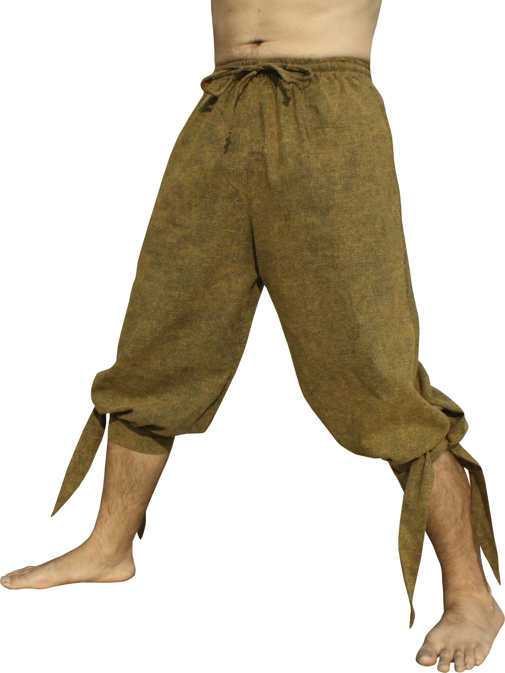 RaanPahMuang Side Tied Leg Raw Stonewashed Cotton Buccaneer Pirate Pants, X-Large, Green & Yellow