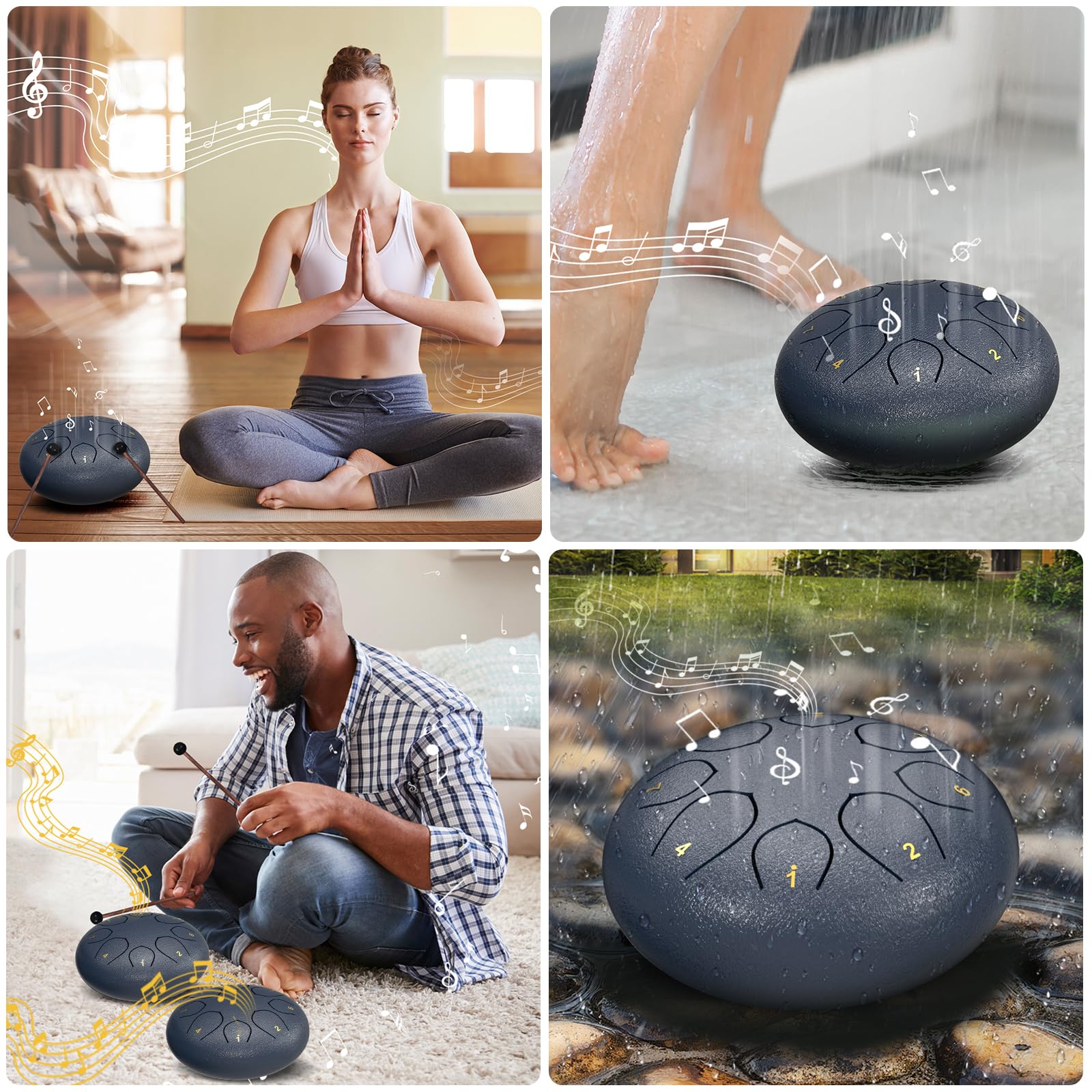 Rain Drum for Outside Garden, 6 Inches 8 Notes Steel Tongue Chakra Drums, Waterproof Echo Rain Chime Meditation Drums, Musical Instruments for Adult Gift with Bag, Music Book, Drum Mallets (Navy Blue) 6