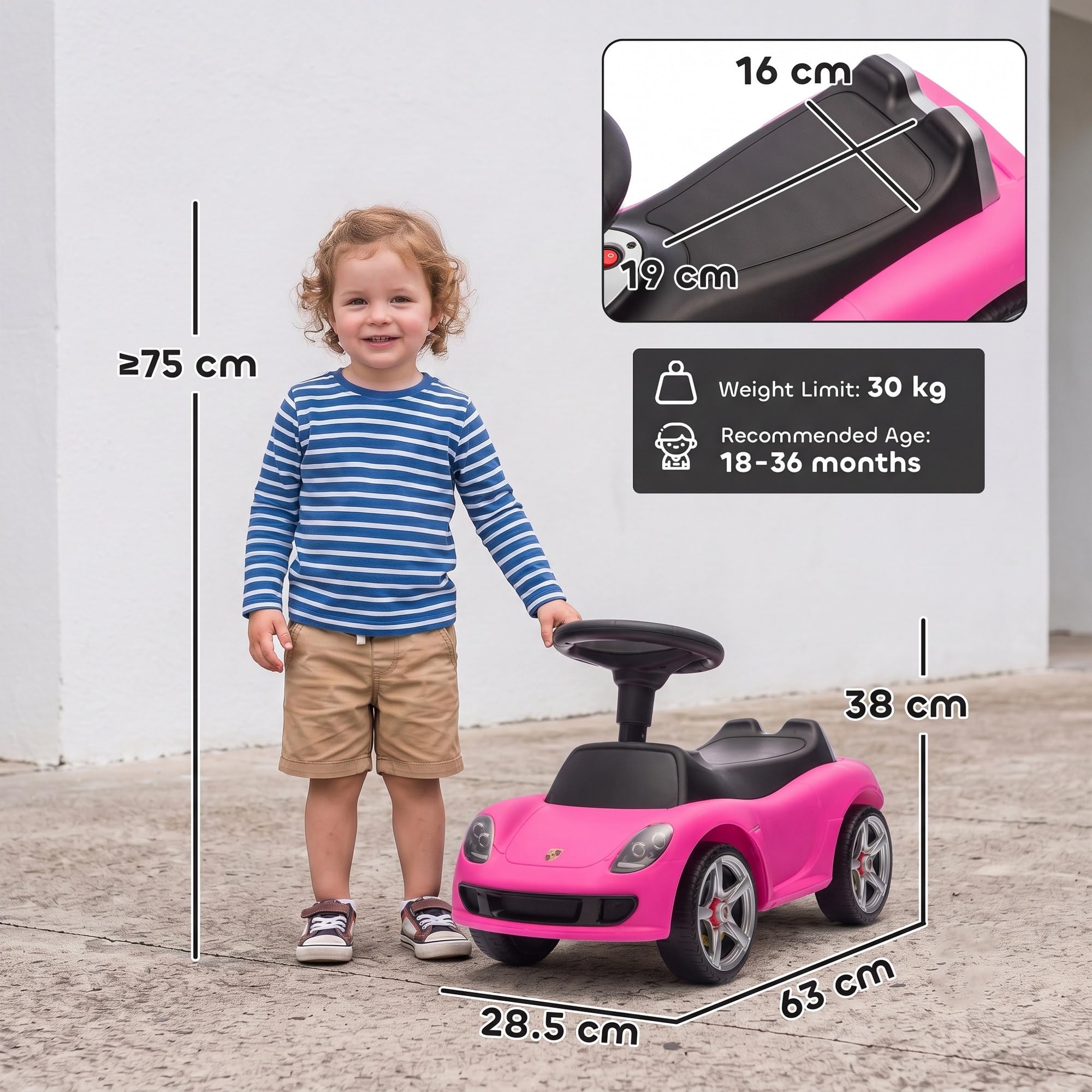AIYAPLAY Jeździk Porsche dla dzieci z klaksonem, światłami i dźwiękiem, 18-36 miesięcy, różowy