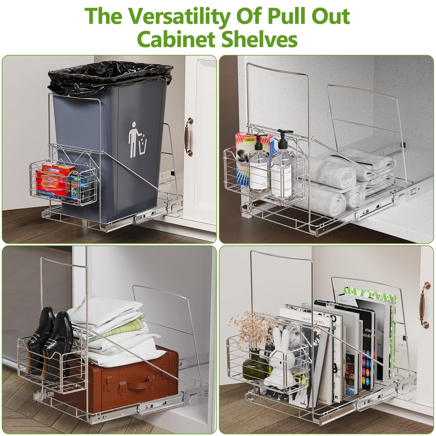 LIONONLY Pull Out Trash Can Rack Under Cabinet, Under Sink Trash Can for 7-11 Gallon Trash Bin, Under Cabinet Trash Garbage Pull Out Kit w/Garbage Bag Holder(Not Include Can)