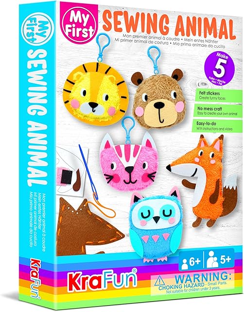KRAFUN My First Sewing Animal for Kids, Beginner Art & Craft, Includes 5 Easy Projects Stuffed Stitch Animal Dolls, Keyring Charms, Instructions & Felt Materials for Learn to Sew, Embroidery Skills