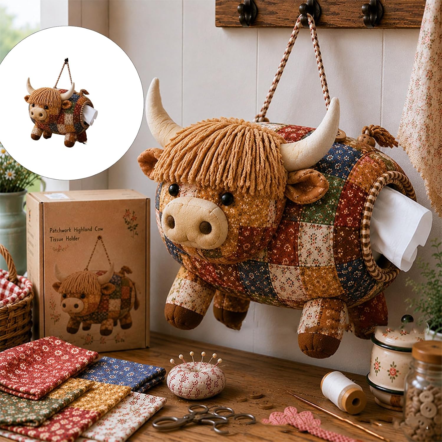 Animal Tissue Box Cover Fabric Holder with Side Opening, Rope Loop Decor for Desk Bedroom Nightstand Fabric Tissue Holder Cloth Cover Decorative Storage Patchwork Case Home Desk Bedroom Nightstand