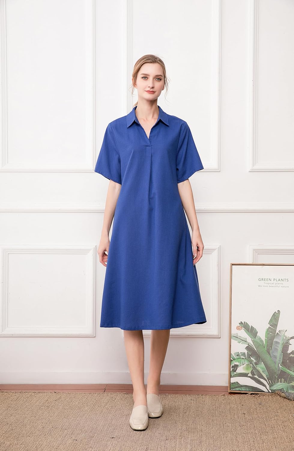 Minibee Women's Linen Shirt Dress Plus Size V Neck Short Sleeve Casual Summer Swing Midi Dresses - Image 2