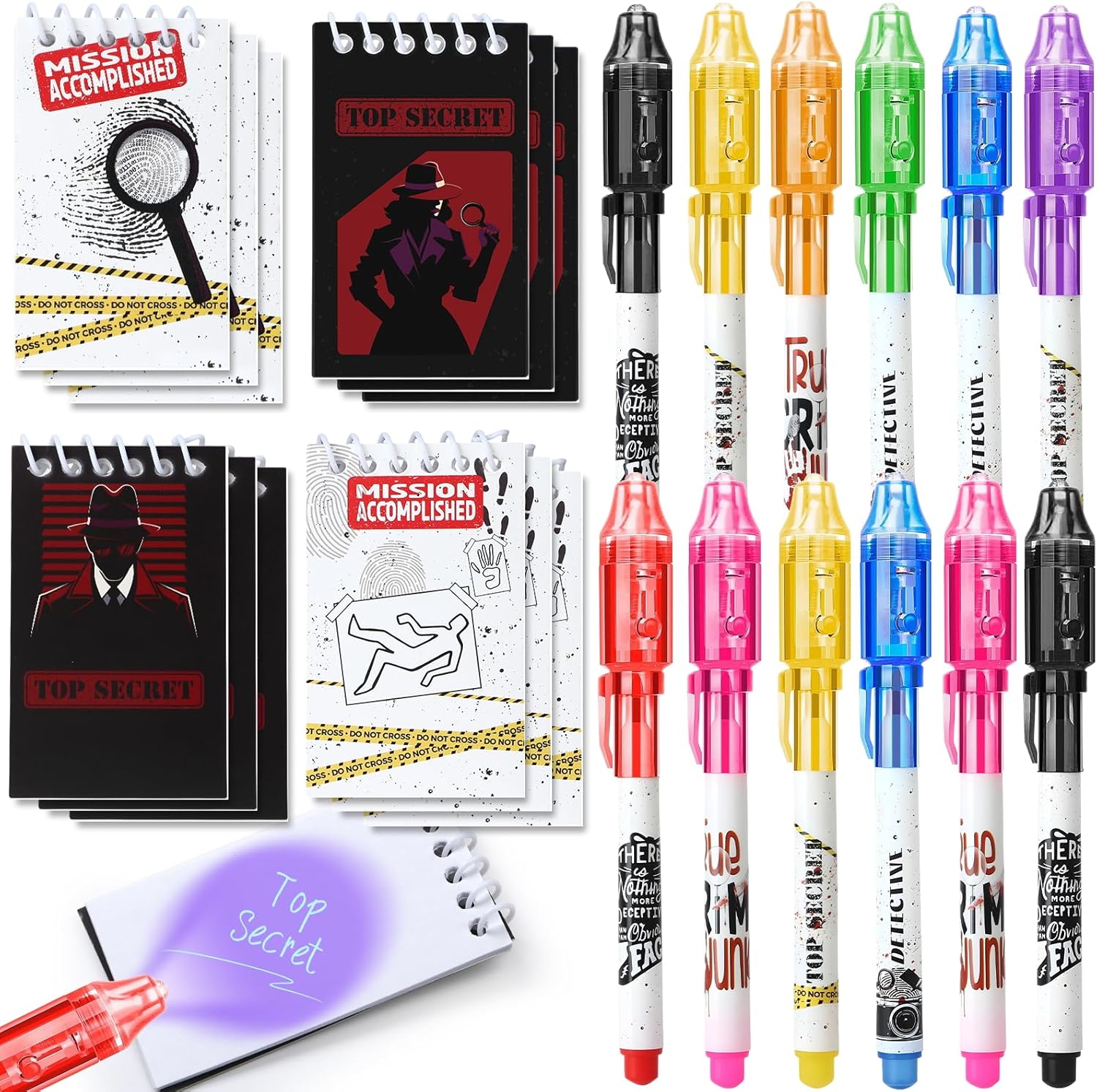 Invisible Ink Pen and Notebook Pack, 24 Pcs Spy Party Favors, Spy Kit Pens with UV Light Magic Marker for Secret Message, Birthday Party Favors for Kids Boys Girls Classroom Prize Stationery Set