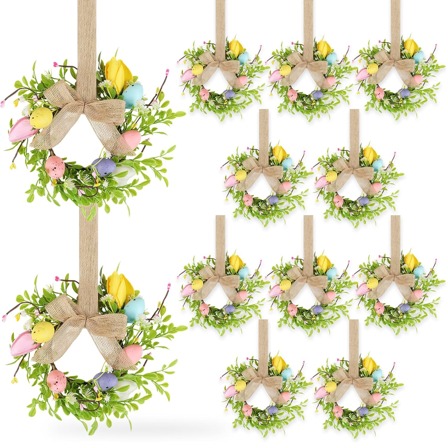 12 Pcs 9" Small Easter Wreaths for Kitchen Cabinet, Mini Spring Artificial Easter Egg Wreath Floral Decorations with Rustic Bow for Window, Front Door, Table Centerpiece Decor