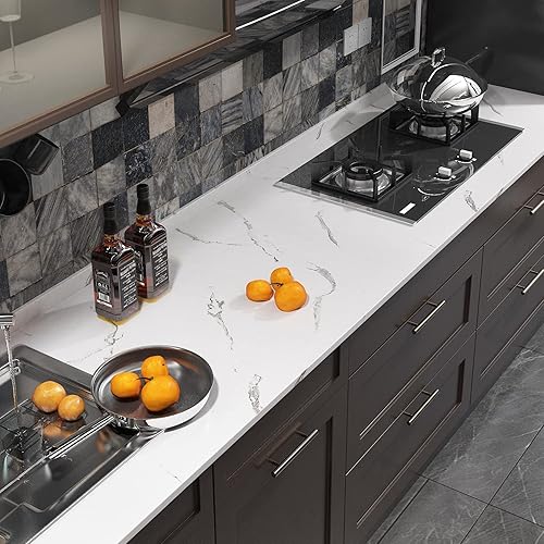 Miniatura 3 de FunStick Papel de contacto de mármol blanco grueso de 24 x 394 pulgadas para encimera, papel de contacto para encimeras de cocina, baño,
