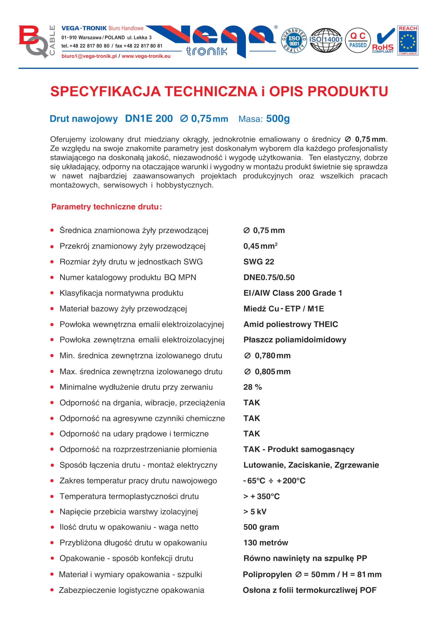 Drut Nawojowy DN1E 200 ⌀0,75 mm Waga: 500 g