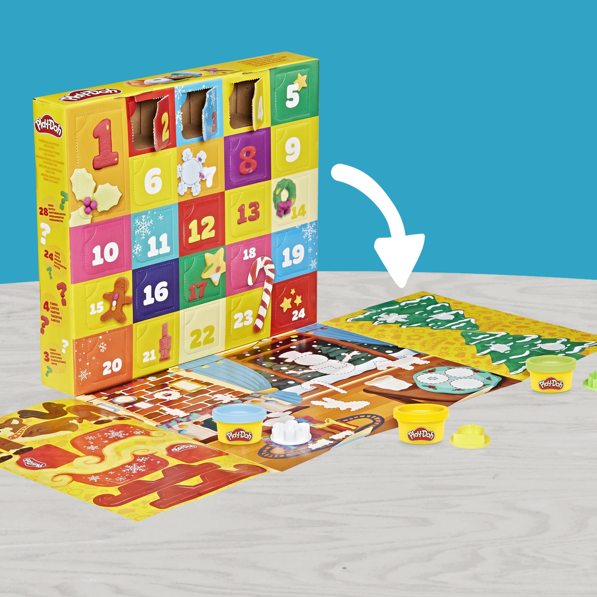 Hasbro Play-Doh, Calendario dell'Avvento per Bambini e Bambine, Arti e Mestieri Creativi, Ottima Idea Regalo, Contiene 24 Colori e 28 Accessori Festivi, 3+ Anni