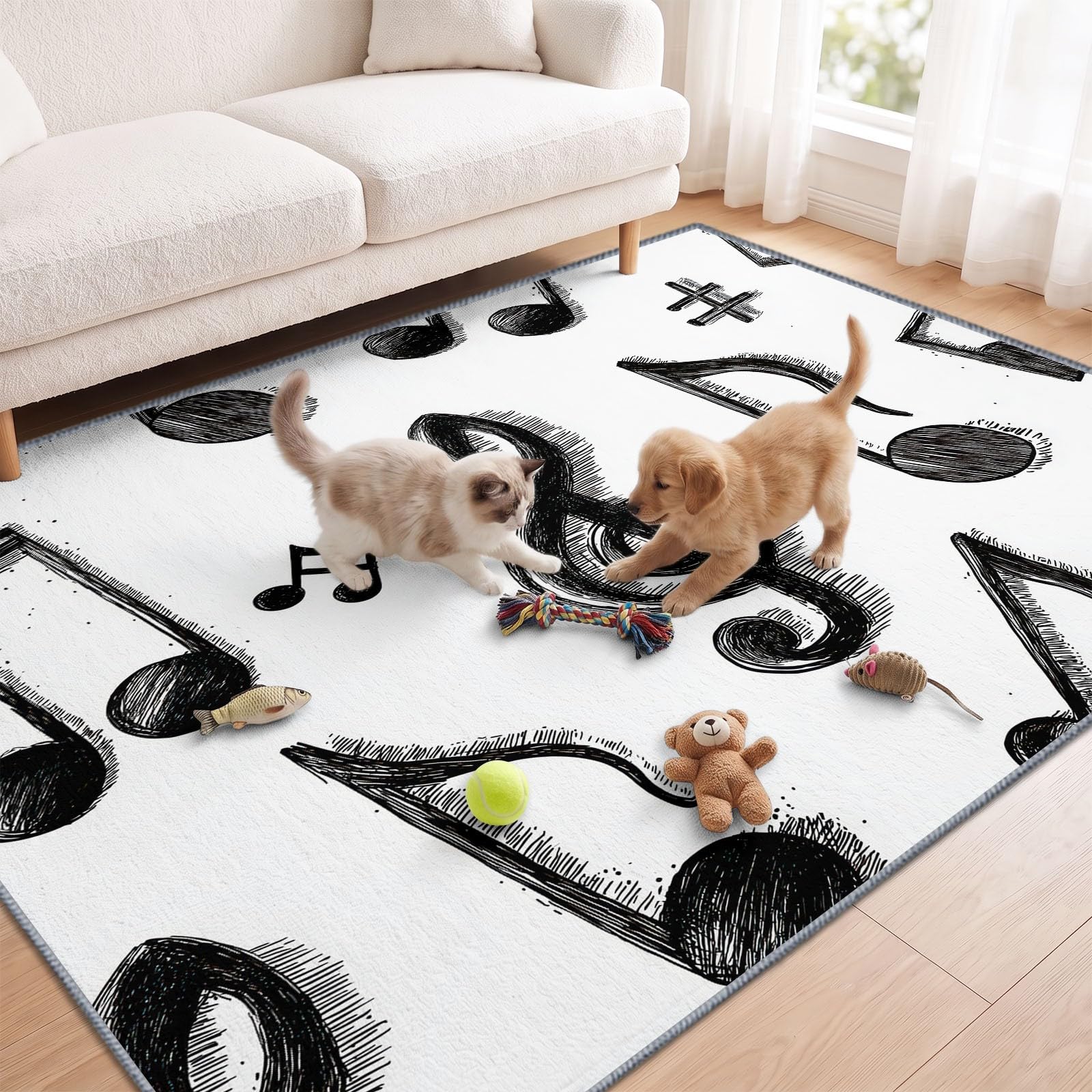 Zmywalny dywan do salonu, 140 x 200 cm, muzyka, nowoczesny, antypoślizgowy, niski runo, ręcznie rysowany, duży dywan do sypialni, kuchni, jadalni, pokoju dziecięcego, holu, przedpokoju