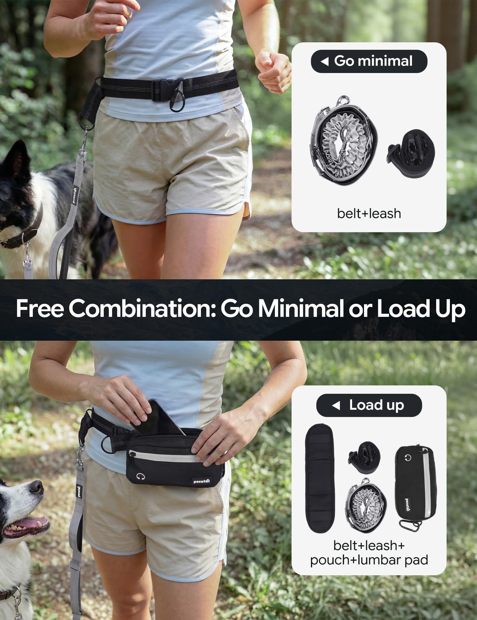 Pecute Guinzaglio Mani Libere per Cani con Borsello, Media/Grande 15-55kg | Guinzaglio Vita Anti Tiro con Corda Elastica, Doppio Manico Riflettente per Corsa Jogging Addestramento