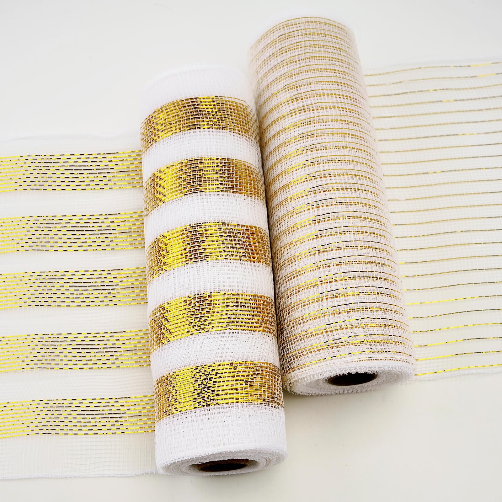 KINGLAKE Gold Mesh Ribbon - 10 Inch x 30 Feet (10 Yard) White and Gold Metallic Mesh with Foil for Christmas Tree, Wreath, Swags & Home Decor