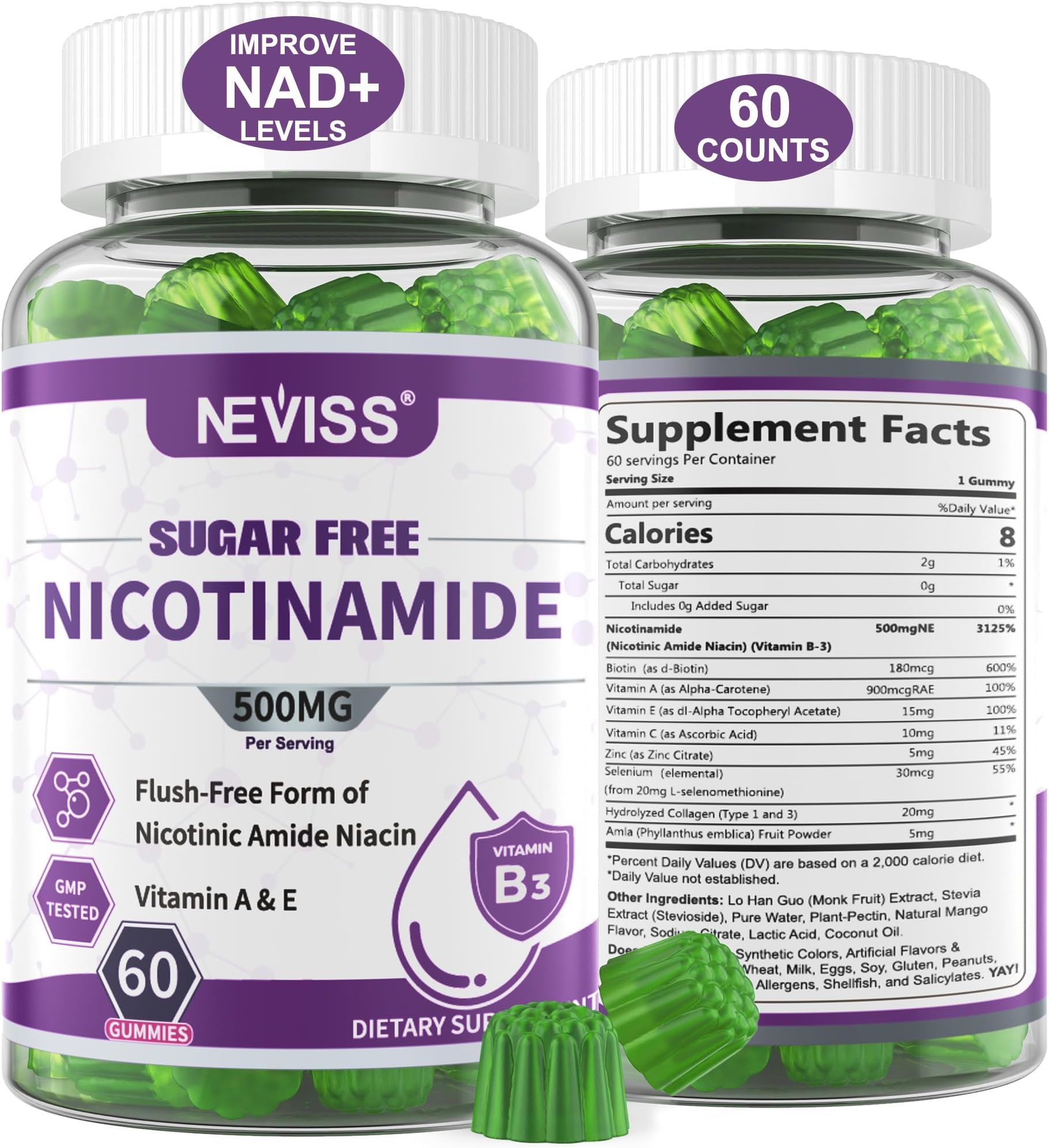 Nicotinamide 500mg Gummies, (Flush Free Niacin) Vitamin B3 Niacinamide Supplement for Cell Regeneration, NAD+ Levels, Anti-Aging, Cellular Energy, Focus & DNA Repair, Longevity, Sugar Free, 60Cts