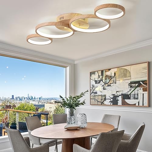 Miniatura 7 de Lámpara de techo LED de madera, montaje empotrado, 48 W, 3840 lm, 4 anillos, lámpara de techo para sala de estar, dormitorio, comedor, 3 colores, L