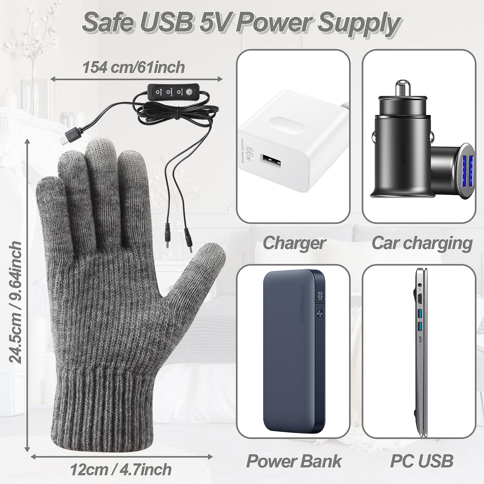 Gants Chauffants USB Homme Femme Températures Réglables Pour