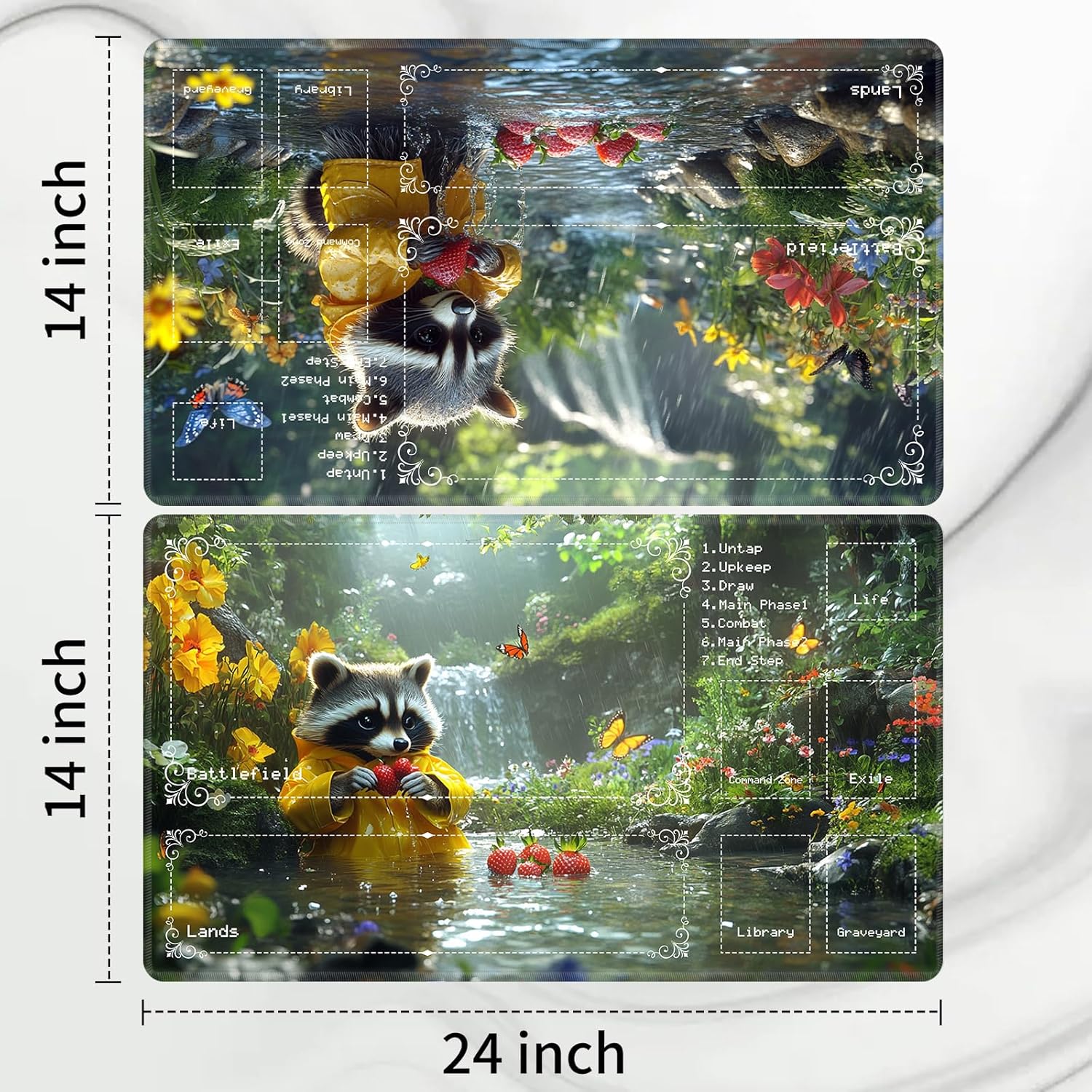 Playmat for MTG with Zones (2 Pack), Card Game Mat Non-Slip Rubber Base and Stitched, 24 x 14 inch TCG Play Mat for MTG and Other Card Games, Forest Raccoon