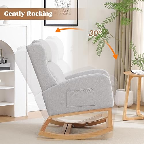 Vista 3 de Mecedora para cuarto de bebé, sillas mecedoras para mamá, cómoda silla mecedora estilo wingback con reposapiés y bolsillo lateral para cuarto